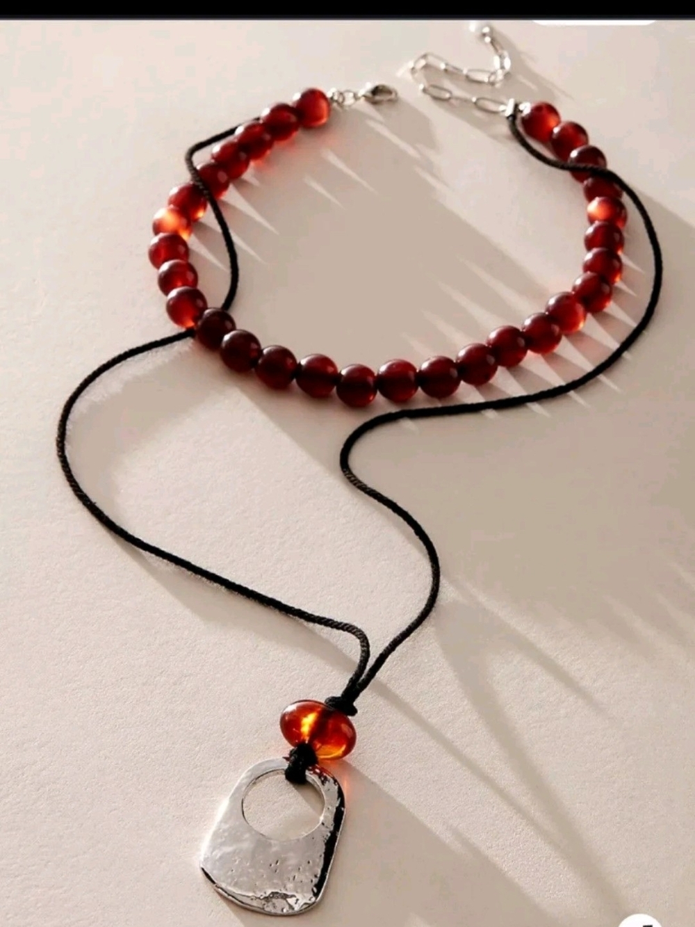 Free People Amber Bead Necklace and Bracelet Set with Silver Pendant